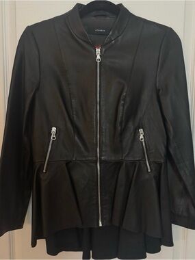 Uterqüe Black Real Leather Peplum Zip Jacket